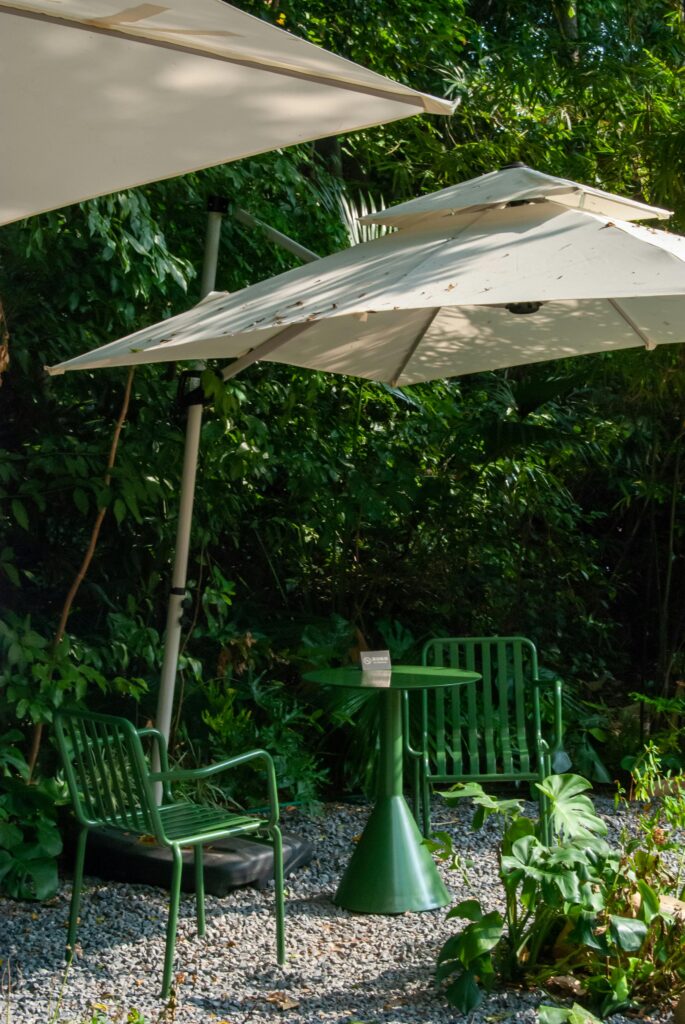 A peaceful garden setting with umbrellas and green chairs ready for relaxation.